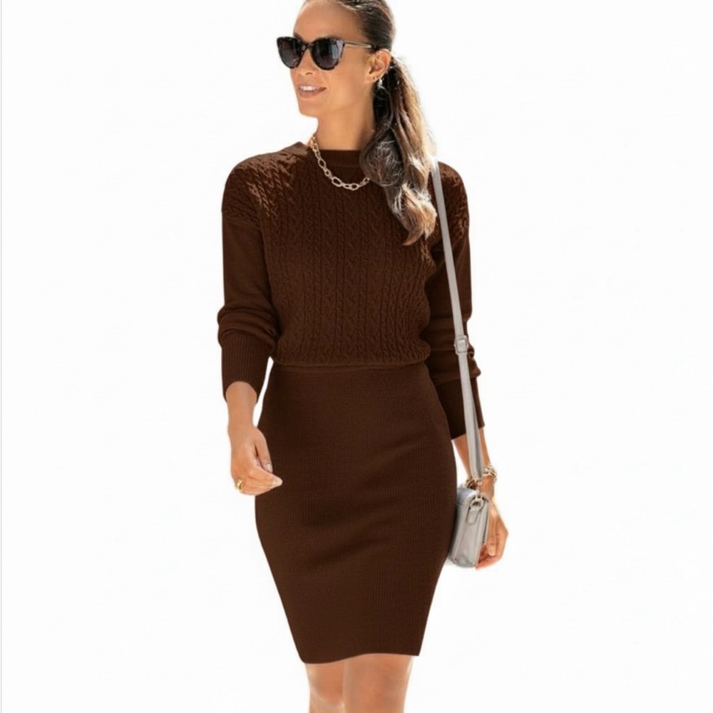Lascana Womens Cable Knit Sweater Dress Brown